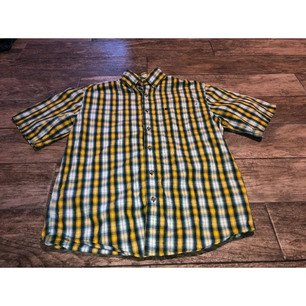 Carhartt Mens Button Shirt Short‎ Sleeve Sz Medium Yellow Black Turquoise Plaid